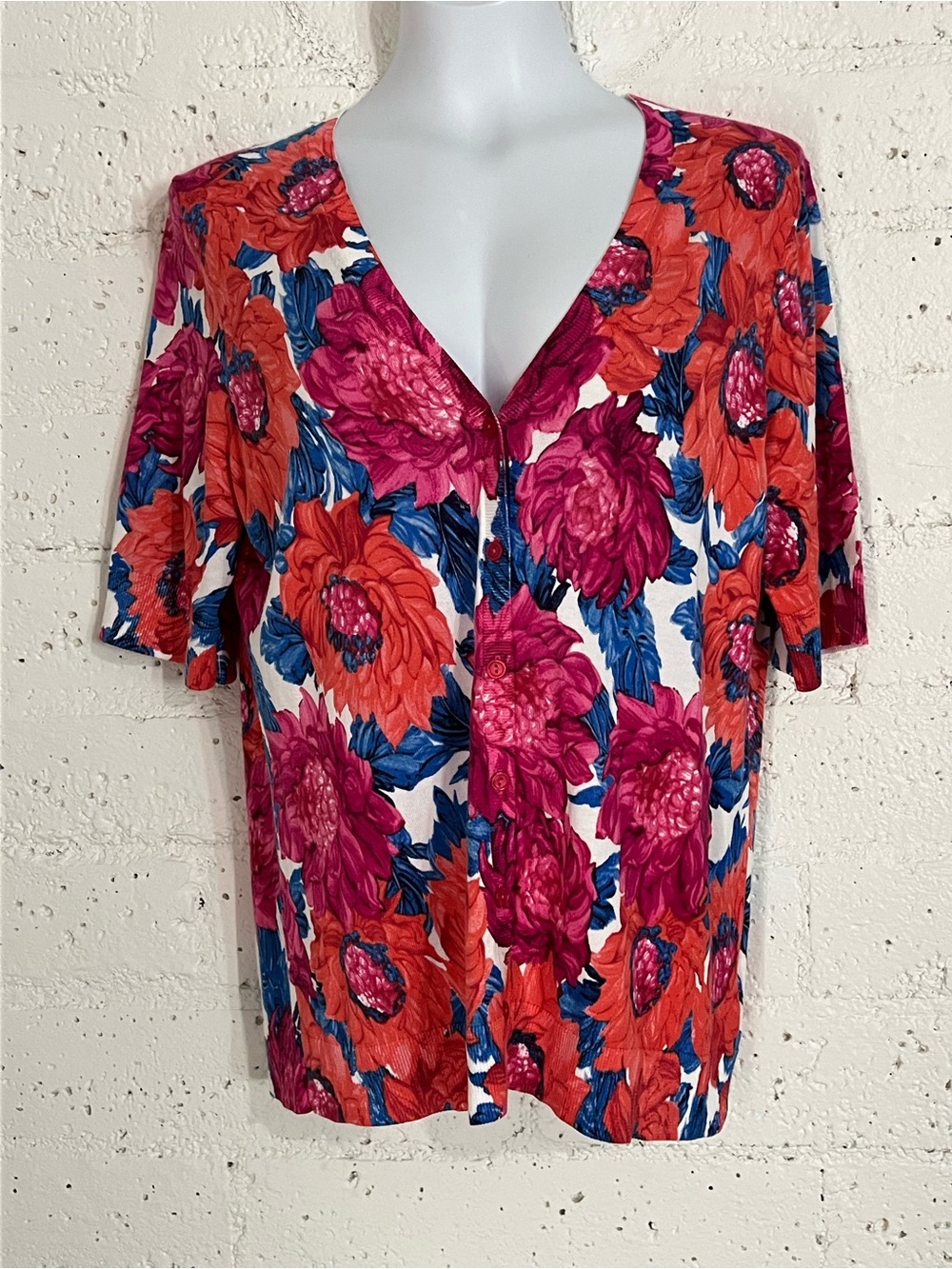 Talbots Button Up Cardigan Sweater L Pink Floral Short Sleeve NEW Cotton Rayon